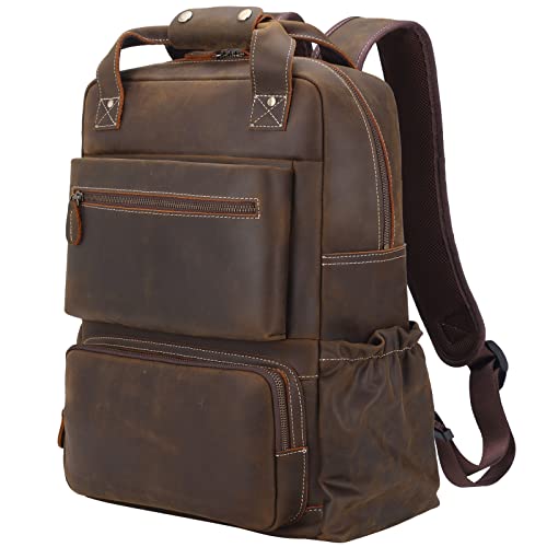 TIDING Vintage Full Grain Leather 17 Inch Laptop Backpack for Men Large Business Travel Daypack Computer Rucksack, Brown
