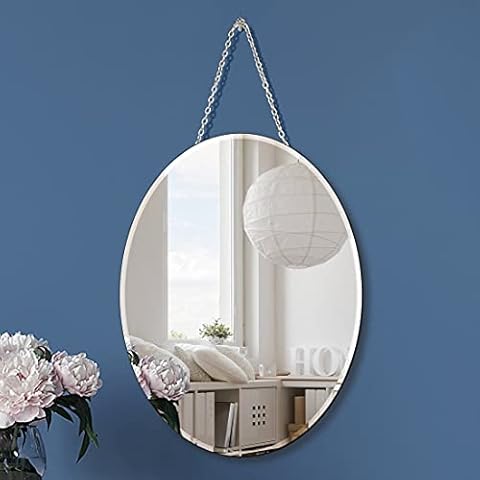 QMDECOR Oval Silver Mirror with Iron Chain for Wall Decor 12x16 inch Vertical or Horizontal Wall Hang Frame Less Mirror 5 mm Beveled Handicraft Wall Mirror Cover