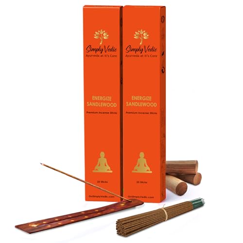 Image of Simply Vedic Luxe Sandalwood Incense Sticks (50 Sticks) Hand Rolled Masala Agarbatti with Holder | Natural Chandan Fragrance for Puja Meditation Daily Use Long Lasting Low Smoke Home Fragrance