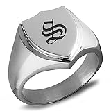 Tioneer Stainless Steel Letter S Initial Old English Monogram Shield Biker Style Polished Ring, Size 9.5