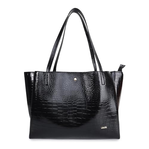 Image of LEEZEL Women's Structured Tote Bag - Large Capacity Work & Travel Purse Croco Pattern Vegan Leather Stylish Tote Bag Classic Everyday Shoulder Bag