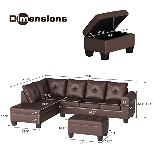 Recaceik Sectional Modular Sofa Couches For Living Room, Pu Leather L-Shaped Couch W/Cup Holder And Storage Ottoman, Living Room Furniture Corner Couch Sectional Sofa Set With Wide Chaise, Dark Brown #TOP1