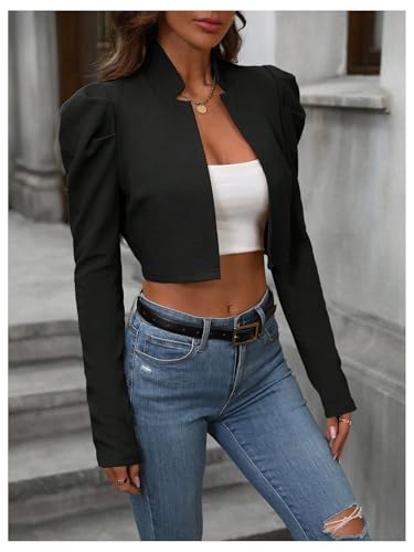 MakeMeChic Women's Business Casual Blazers Long Puff Sleeve Open Front Work Office Cropped Blazer Suit Jacket3