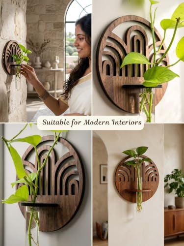 Image of Bombay Greens Wall Hanging Planter with Wooden Holder & Rope | Test Tube Hanging Planter | Wooden Stand for Home Decor, Living Room, Balcony & Office Decoration
