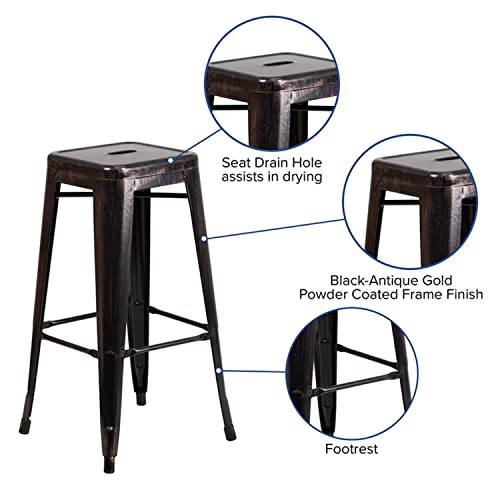 Flash Furniture Commercial Grade 30" High Backless Black-Antique Gold Metal Indoor-Outdoor Barstool With Square Seat #TOP5