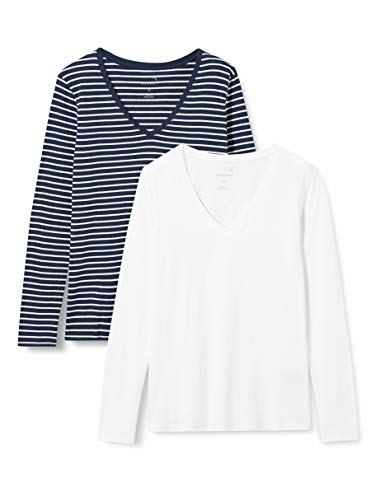 MERAKI Camiseta de Manga Larga y Cuello de Pico Mujer, Pack de 2