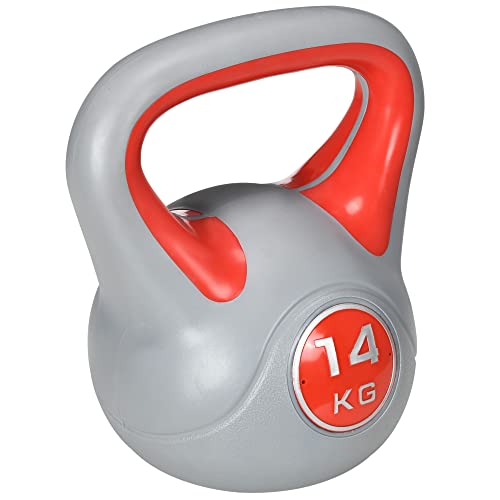 SPORTNOW Pesa Rusa 14 kg Kettlebell Revestimiento de PU y Relleno de Arena Mango Ancho para Entrenamiento Culturismo en Casa Gimnasio 26x18x32 cm Rojo y Gris