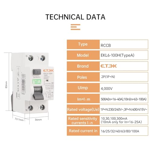 Disjoncteur différentiel EKL6-100H type A 2 pôles 25A 230V 30mA