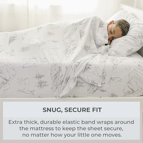 Image of Pobibaby Premium Twin Full Sheets Sets, Kids Double Bed Sheets in Cotton Blend | Ultra-Soft Woodland Camping Print with Fitted Sheet, Flat Sheet & Pillowcases (Twin Explore Monochrome)