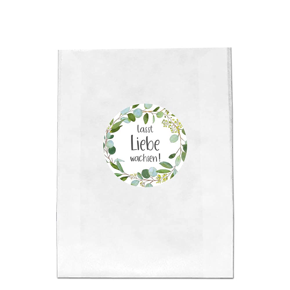 DIY Gastgeschenke-Set mit Blumen-Samen "Lasst Liebe wachsen" Botanical Eukalyptus für 40 Personen- 82 Teile - 40 Beutel + 40 Sticker + 200 gr. Blumensamen Taufe & Hochzeit Zubehör & Accessoires