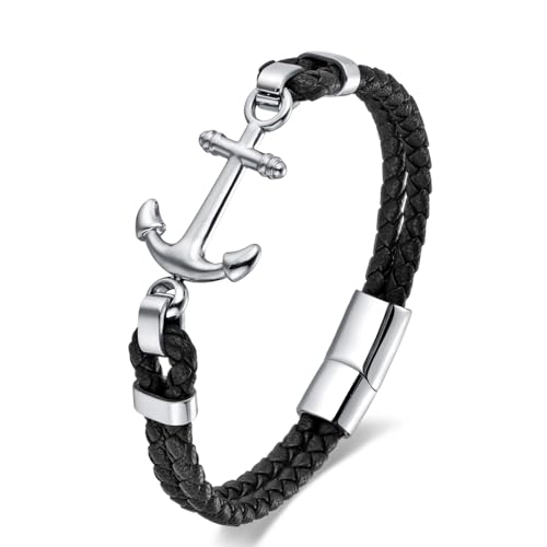 Mens Nautical Anchor Bracelet, Black Braided Leather with Silver Stainless Steel Anchor Sailor Bracelet for Men, Classic and Elegant Style