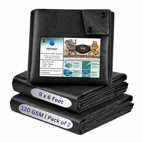 Image of Premium 9x6ft Black Tarpaulin, Thadika, 120 GSM Virgin Tharpai Sheet, Heavy Duty Waterproof Tadpatri Cover with Reinforced Eyelets & UV Protection, Ideal for Trucks, Farms, HomeUse, 2 Sheets
