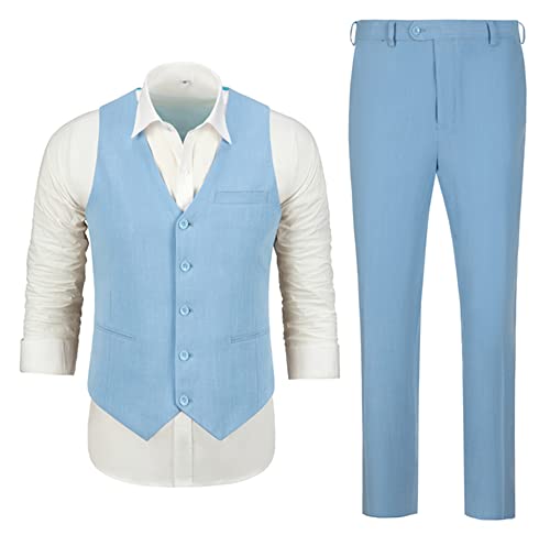 Aowdoy Casual Linen Suit Men's 2 Piece Suits Wedding Suits Slim Fit Waistcoat Groomsmen Tuxedos Prom Linen Vest+Pant Blue Xl #TOP3