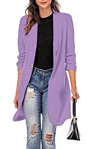 Grlasen Women's Casual Long Blazers Ruched 3/4 Sleeve Lapel Oversized Suit Jacket Elegant Work Office Blazer Jackets