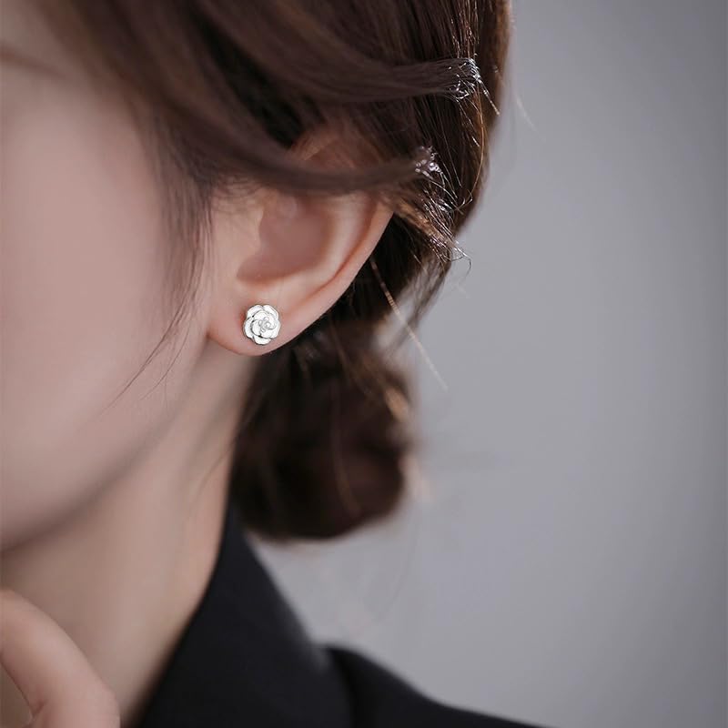 Reffeer Solid 925 Sterling Silver Camellia Flower Stud Earrings for Women Teens Flower Stud Earrings Pearl Studs3