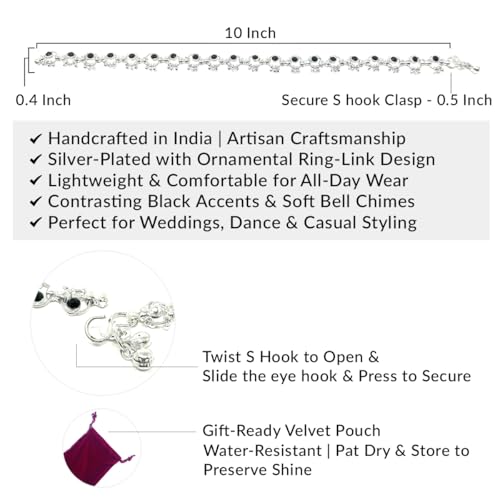 Image of Duel On Jewel Silver Plated Anklet for Women, Traditional Payal Pair with Chain Link Design and Ghungroo Bell Detail, 10 Inch Comfort Fit Foot Accessory, Ethnic Everyday Wear, Wedding Gift