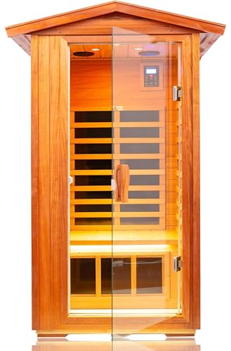 Image of LTCCDSS Mahogany Outdoor Sauna 1 Person, Ultra-Low EMF Far Infrared Sauna for Home, Chromotherapy, Bluetooth Speaker