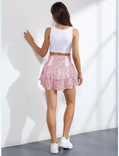 Women’s Sequin Ruffle Mini Skirt Sparkly High Waist Glitter Flowy Skirt Layered Shiny Party Club Short Skirts - Image 6