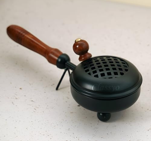 Image of Classyo Metal Dhoop Holder with Wooden Handle | Dhup Dani Loban Burner | Sambrani Dhoop Stand | Doopam Sambrani Holder for Puja | Loban Dhuni Burner (4 inch, Black, Round)