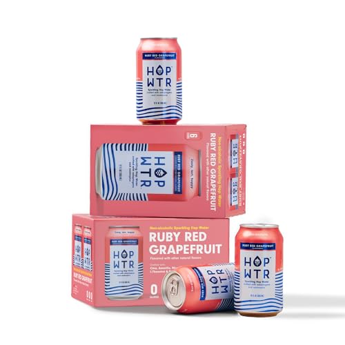 HOPWTR Ruby Red Grape Fruit - Sparkling Hop Water, Sugar Free Non Alcoholic Drinks & NA Beer Alternative, Low Carb Adaptogen Drink with Nootropics, Zero Calories Sparkling Water (12 Pack, 12oz Cans)