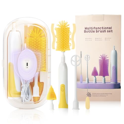Image of Electric Bottle Brush,Electric Baby Bottle Brush Set with Silicone Bottle/Pacifier/Straw Brush and Mixing Head, Water Bottle Cleaner Brush with Drying Rack, 2 Modes & 360° Rotation (Yellow)