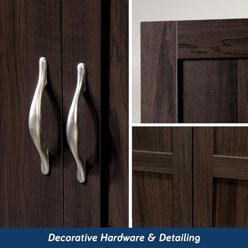Image of Sauder Select Multipurpose Bedroom Armoire Wardrobe Closet Pantry Storage Cabinet with Storage Drawers and Hanging Rail, in Cinnamon Cherry