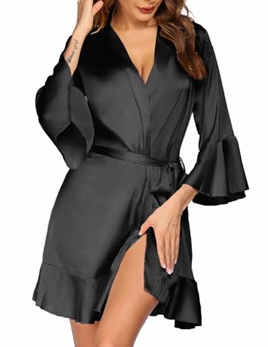 Ekouaer Womens Black Robe Soft Comfy Satin Bridesmaid Bride Bridal ...