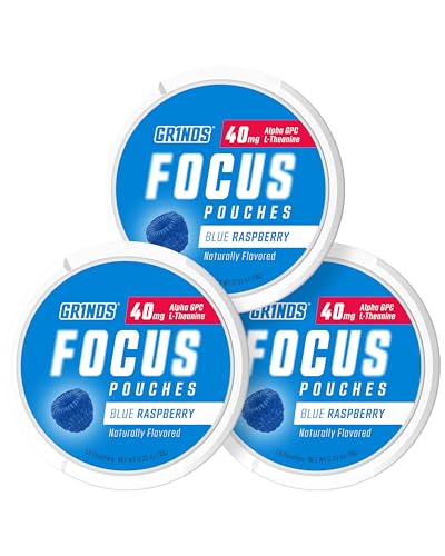 GRINDS Focus Pouches - Naturally Flavored with Nootropic Ingredients - Contains Alpha GPC and L-Theanine Sugar-Free - 3 Pack 18 Pouches Per Can - Blue Raspberry