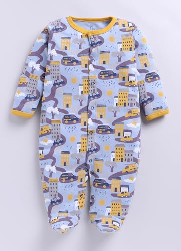 Image of BABY GO Baby Sleepsuit Pack of 3 | 100% Cotton Full Sleeve Footed Romper for Newborn Baby Boys & Girls | Front Open Snap Button Onesie Jumpsuit | Soft Breathable Nightwear
