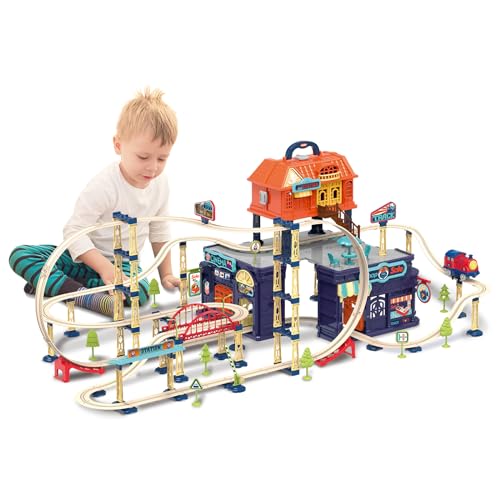 deAO 206Pcs Eléctrica Circuito Coches Niños con Sonido Y Coches De Carreras,Pistas Slot,Pista De Coches para Niños,Juguetes Niños Niña 3 4 5 6 Años