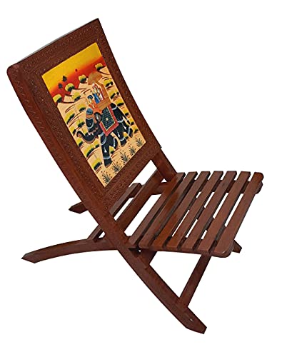 Image of SAARTHI Rajasthani Dhola Maru Handmade Wooden Ethinic Antique Designer Folding Chairs and Table Set for Home| Decor| Office| Garden| Outdoor| Indoor| Balcony| Launge| Lawn| Cafe| Bar| Living Room| Bedroom Room| Childern Room Decor| Outdoor Sitting , Multicolour (2 Elephant Chair + 1 15 Inch Elephant Table)