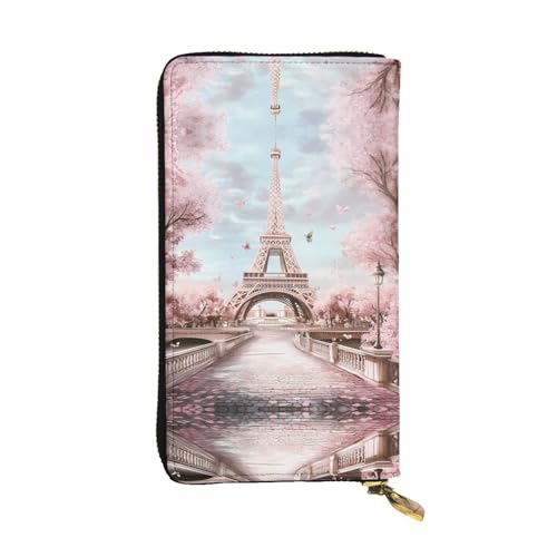 Portefeuille en cuir long 19 x 10,4 cm avec porte-cartes de crédit et imprimé tour rose