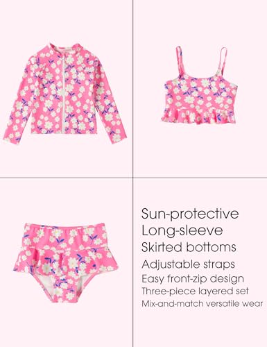 Image of DREAM BUS Toddler Girls Long Sleeve Swimsuit 3 Piece Rashguard Set with Bikini Top Baby Girls Bathing Suit Swimwear