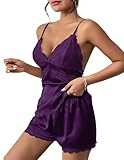 Avidlove Lingerie for Women Satin Silk Nighties Sexy Nightgown V Neck Camisole Short Sets Purple