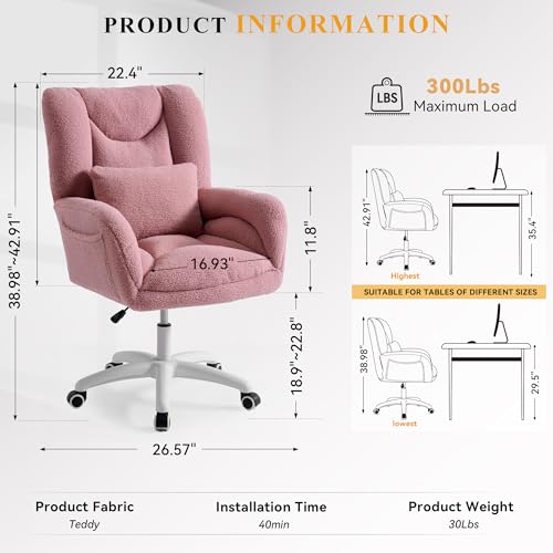 Image of FOXHUNTER Vanity Chair with Ergonomic Back & Wheels, 360 Swivel Accent Chair, Adjustable Height Home Office Chair for Living Room, Bedroom,Teddy White(Upgraded Oversized)
