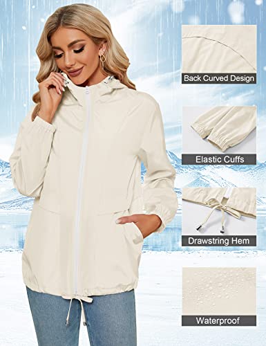 Tisfeer Laufjacke Damen Sommer Wasserdicht Atmungsaktive Regenmantel Windbreaker Packbar Faltbare Regenjacke(Beige,XL)