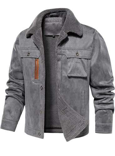 FANARCHER Men’s Casual Winter Jackets Faux Suede Leather Sherpa Jackets Warm Fleece Lined Turn-Down Coat with 5 Pockets