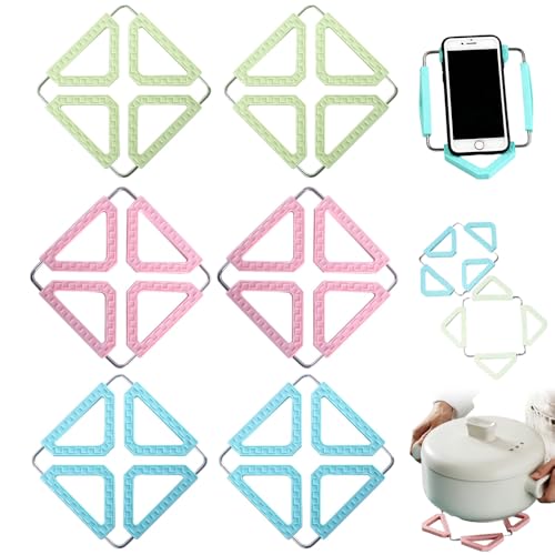 6 Pcs Silicone Pot Holders - Non-Slip Foldable Silicone Trivet Mats with Stainless Steel Frame, Heat Resistant, Multi-Purpose Kitchen Silicone Hot Pad,BPA-Free, Pans & Dishes, Foldable Square Design