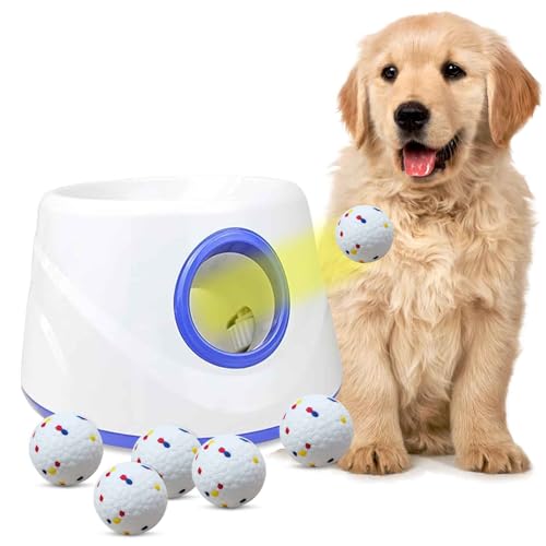 cuelab Dog Ball Thrower Launcher,Automatic Ball Launcher for Dogs with 3 Launching Distance 20-45FT,6 2.3 Inch ETPU Tennis Balls,Interactive Dog Toys for Small/Medium Dogs, Not for Aggressive Chewers