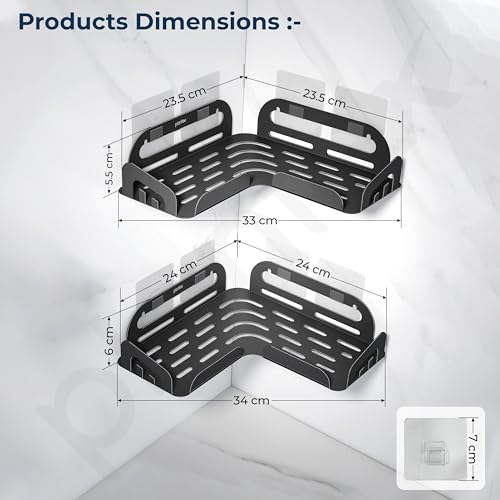 Image of Plantex Self Adhesive Corner Shelf for Bathroom Wall /Stainless Steel Wall Mounted Corner Bathroom Shelf-Pack of 2 (10x10 Inch, Black)