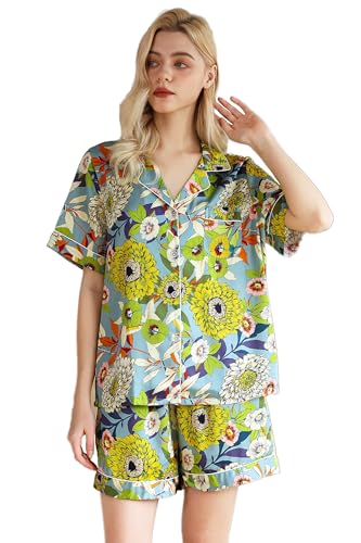Image of YiNi LuLu Womens Silk Satin Shorts Pajamas Set Button Down 2 Piece Pjs Short Sleeve Oversized Sleepwear with Pockets