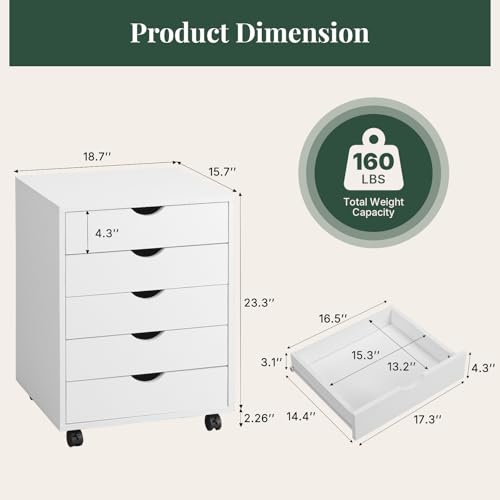 Image of Mobile File Cabinet Under Desk, 5 Drawer Storage Organization with Wheels, Vertical Filing Chest Rolling Wood Small Desk Printer Stand for Home Office, 15.75 inch D x 18.74 inch W x 25.39 inch H