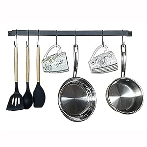 Ysislybin Keukenhaak rail zwart voor keukengerei, keukenrail met 10 haken en 2 schroeven, keukenrail koolstofstaal 43 cm
