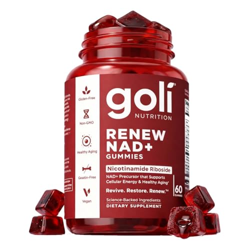 Goli Worlds First Renew NAD+ 60 Count Nicotinamide Riboside (NR) Cellular Energy & Healthy Aging Support Vegan Non-GMO Gelatin-Free Liquid-Center Gummies