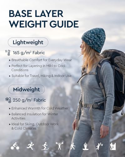 Image of MERINNOVATION Merino Wool Base Layer Set for Women 100% Merino Wool Thermal Underwear Sets Lite - Midweight Top Tank Bottom