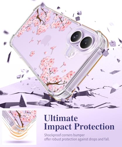 GVIEWIN Etui do iPhone 17 6,3" 2025, z folią ochronną ekranu i obiektywu aparatu,odporne na wstrząsy, wojskowej klasy, przezroczyste, kwiatowe, smukłe etui na telefon dla kobiet,Sakura/Różowa