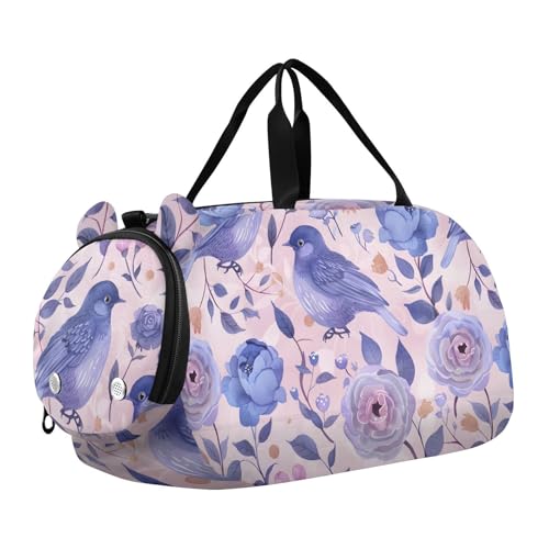 Duffle Bag for Boys or Girls with Shoes Compartment, Pink Blue Pastel Color Birds Sports Travel Bag Overnight