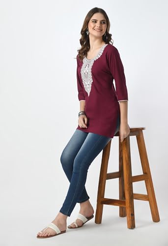 Image of LIBOZA Short Kurti for Women - Lakhnowi Chikankari Embroidered Ladies Kurta, Stylish Girls Top, Ethnic Half Kurtas, Tunic Design Woman Kurtis