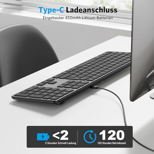 OMOTON Bluetooth Mac Tastatur, Vollformat mit Ziffernblock,QWERTZ, Grau – Ansicht 2
