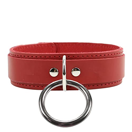 Avery V Collar O-Ring Lambskin Latigo Leather Handcrafted Leather Collar (Large, Red)